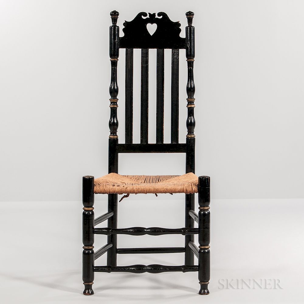 Appraisal: Black- and Gold-painted Heart and Crown Bannister-back Chair Black- and