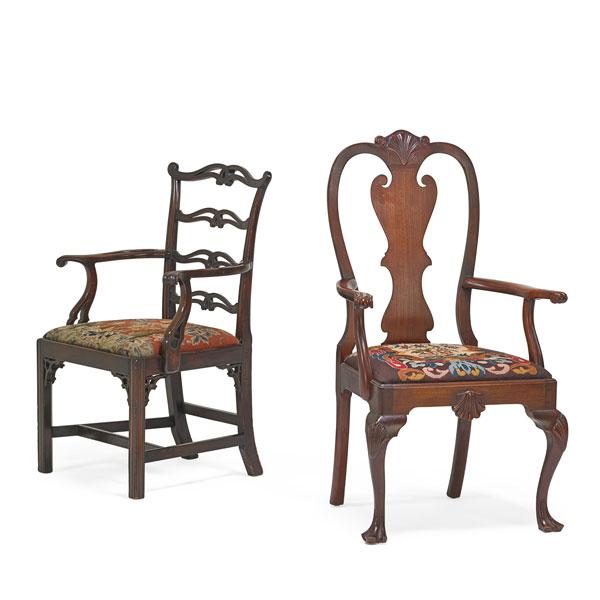 Appraisal: th th C CHIPPENDALE ARMCHAIRS Mahogany Chippendale with upholstered seat