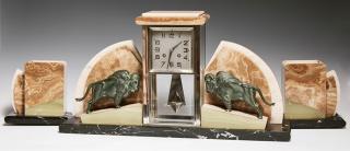 Appraisal: French Three Piece Art Deco Marble Alabaster and Onyx Clock