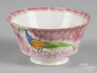 Appraisal: Red spatter waste bowl with peafowl decoration '' h ''