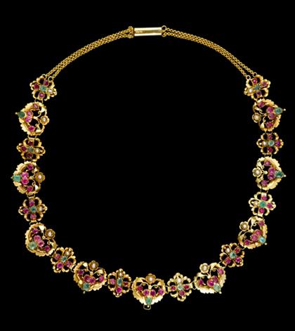 Appraisal: Eastern Indian yellow gold emerald ruby and seed pearl necklace