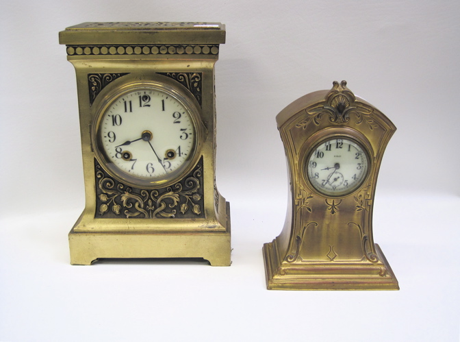 Appraisal: TWO BRASSED METAL MANTEL CLOCKS including a H Ansonia with