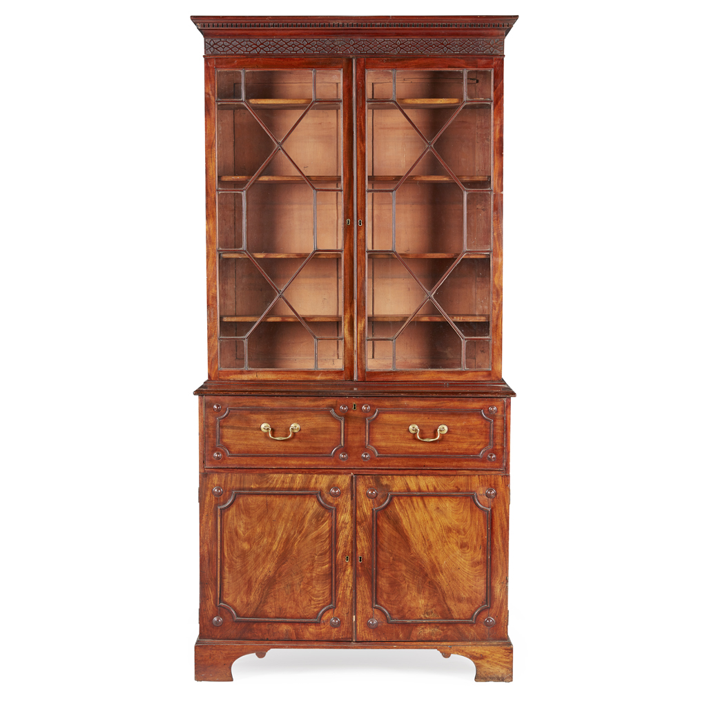 Appraisal: GEORGE III MAHOGANY SECRETAIRE BOOKCASE TH CENTURY the dentil moulded