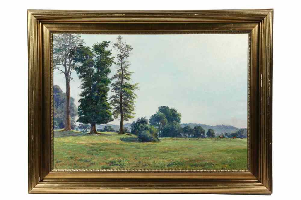 Appraisal: LARGE OOC - Summer Landscape with Tall Pines monogrammed 'TN'