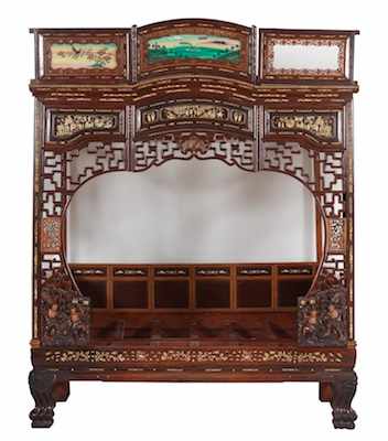 Appraisal: An Antique Chinese Canopy Wedding Bed Imposing carved and inlaid