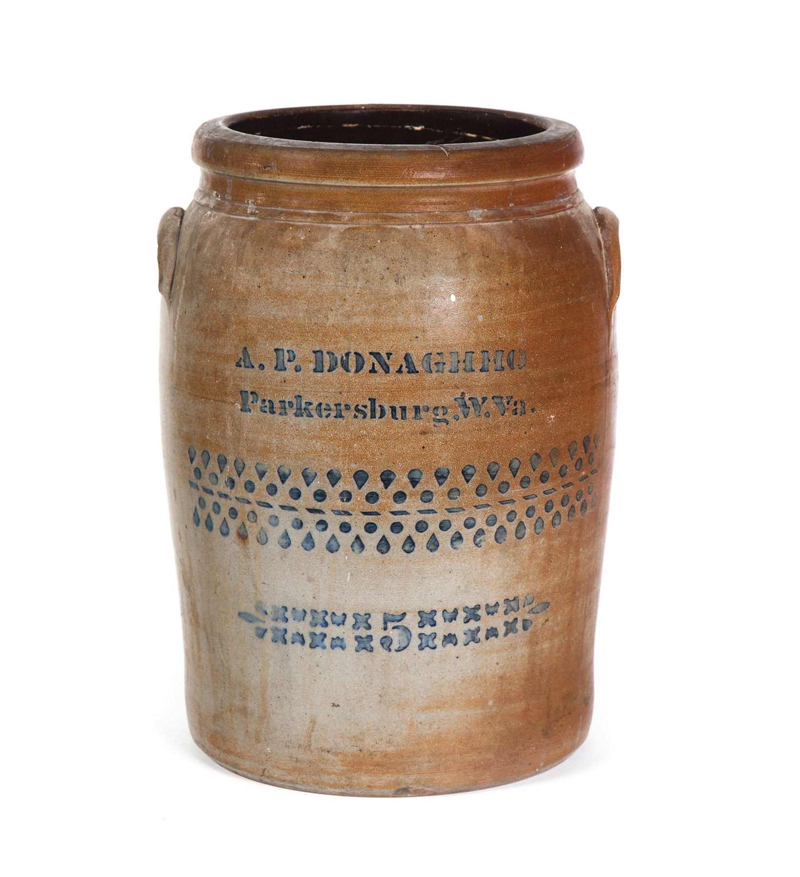 Appraisal: A P DONAGHHO FIVE-GALLON STONEWARE JAR WITH STENCILLED COBALT DECORATION