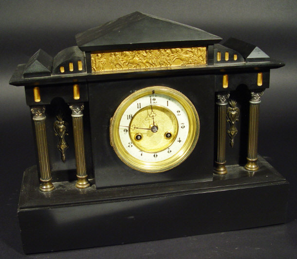 Appraisal: Victorian black slate mantle clock with pierced gilt panel depicting