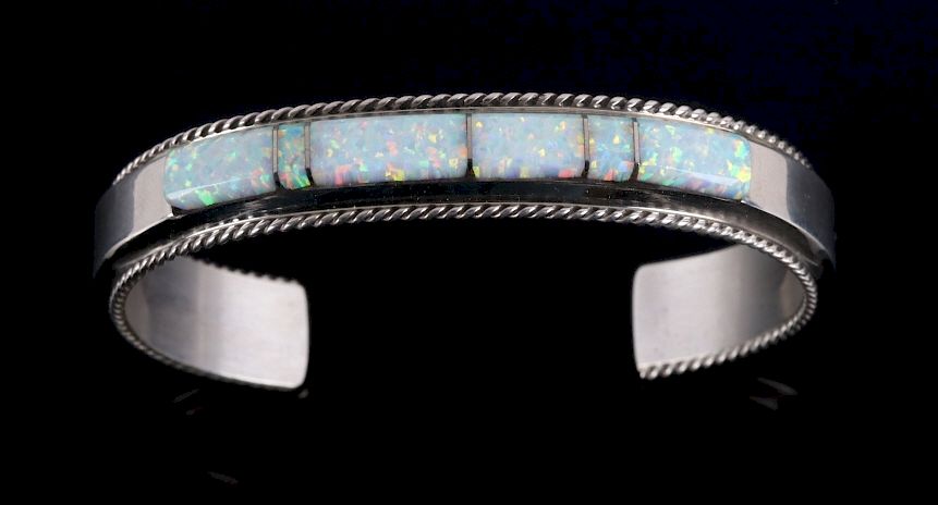 Appraisal: Fran Yazzie Navajo Inlaid White Opal Sterling Cuff For bidding