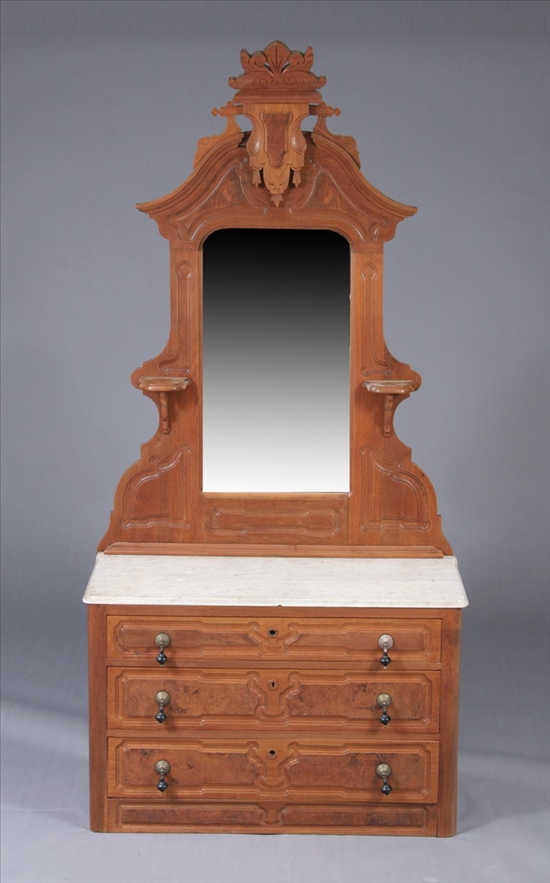 Appraisal: AMERICAN RENAISSANCE REVIVAL THREE-DRAWER MARBLE-TOP DRESSER With tall mirror superstructure