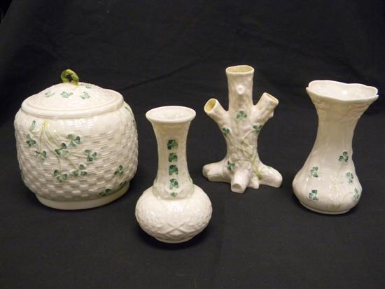 Appraisal: Four pieces of ''Shamrock'' green mark Belleek porcelain including biscuit