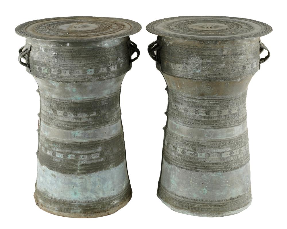 Appraisal: PAIR OF BURMESE-STYLE RAIN DRUM TABLESunmarked patinated metal Condition in