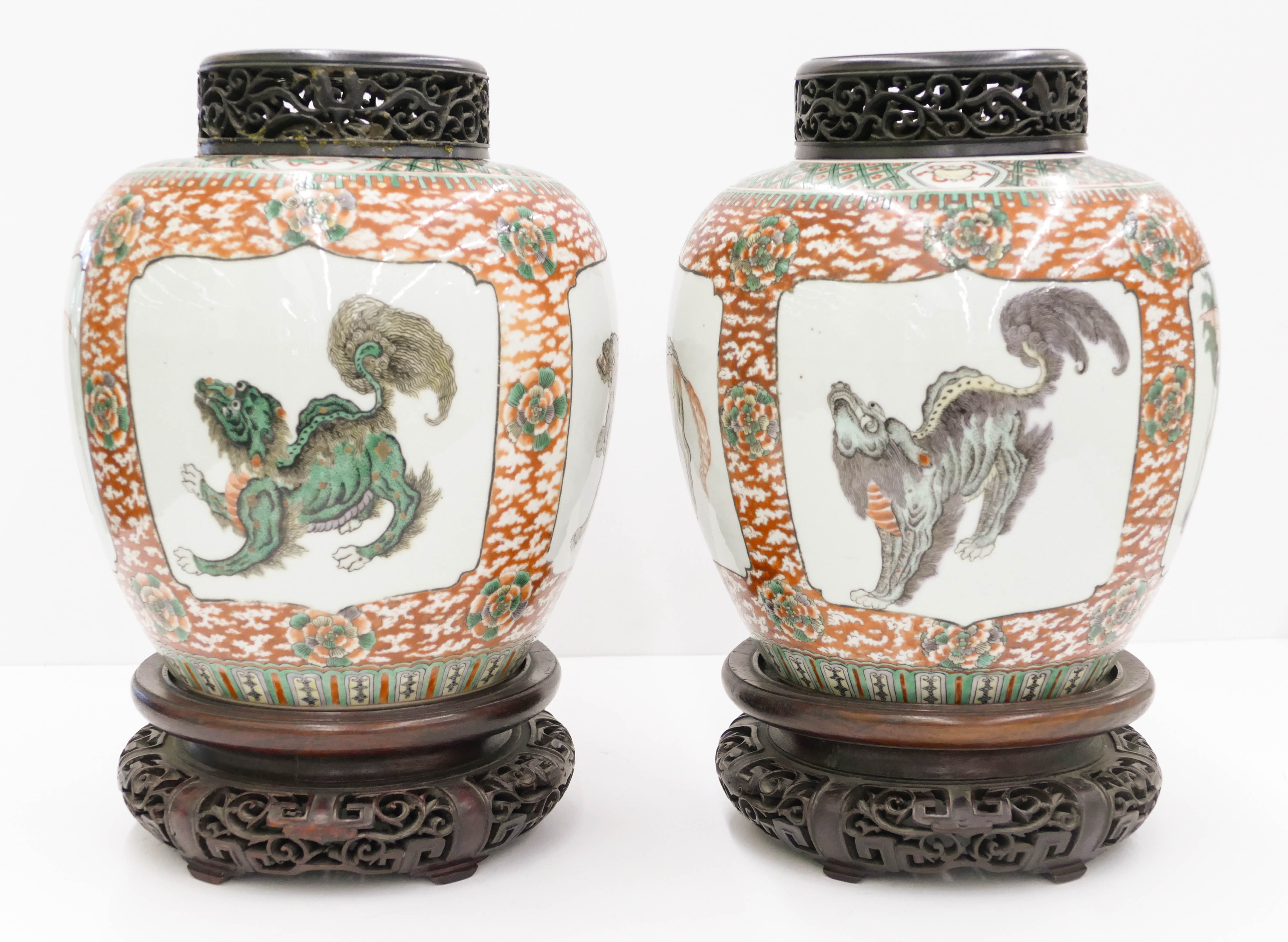 Appraisal: Pair Chinese Kangxi Famille Verte Qilin Jars ''x '' Exceptional