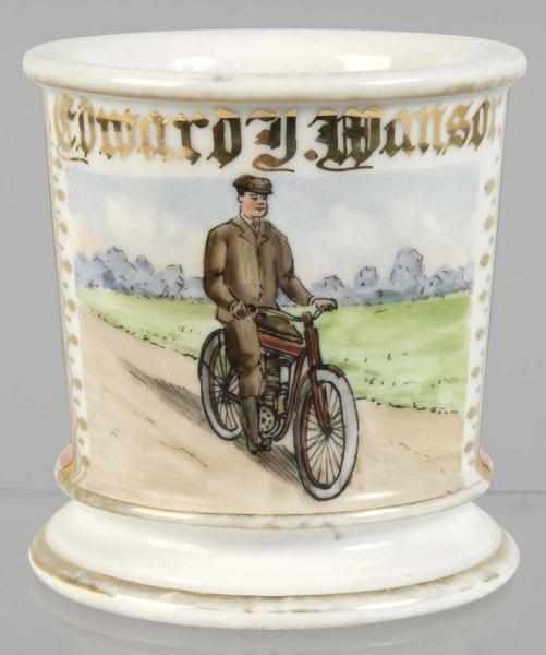 Appraisal: Man Riding Motorcycle Shaving Mug Description Marked Howard J Mansor