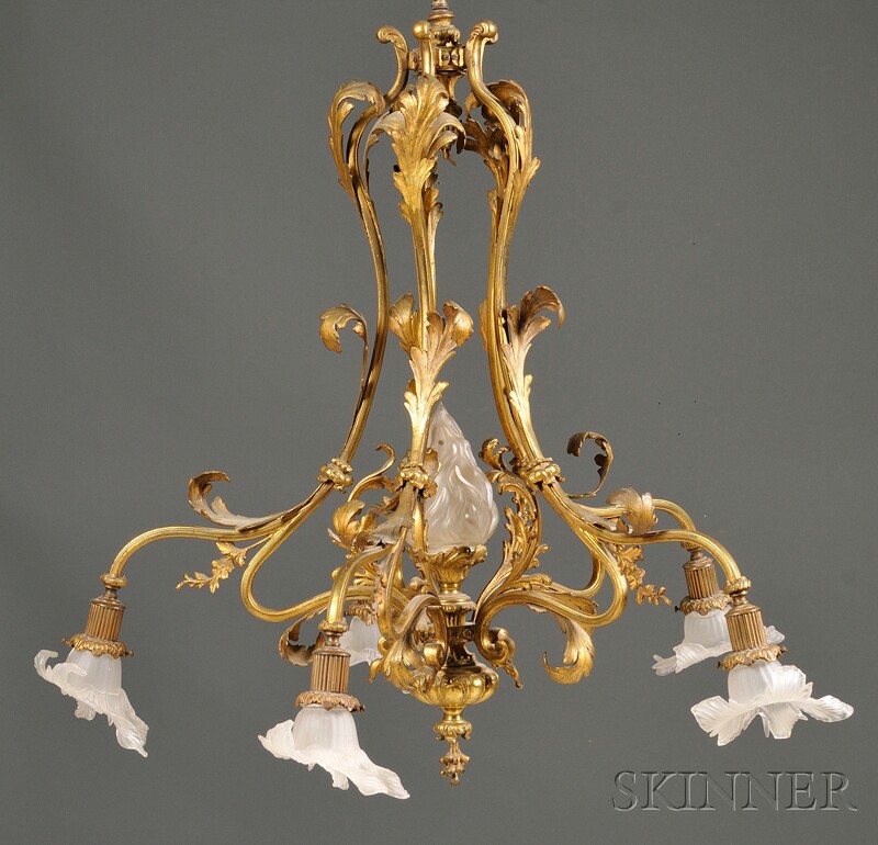 Appraisal: Five-arm Gilt Chandelier with Floral Frosted Glass Globes decorated with