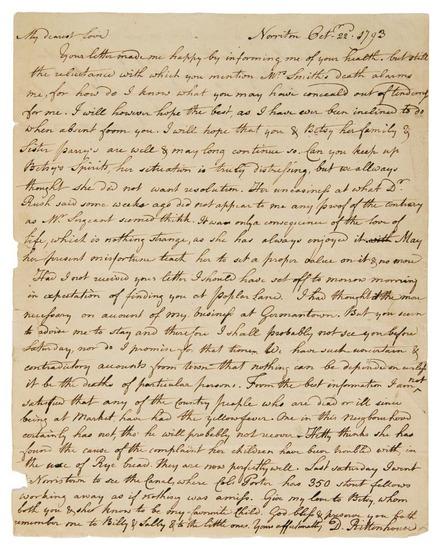 Appraisal: RITTENHOUSE David Autograph letter signed to his wife during the