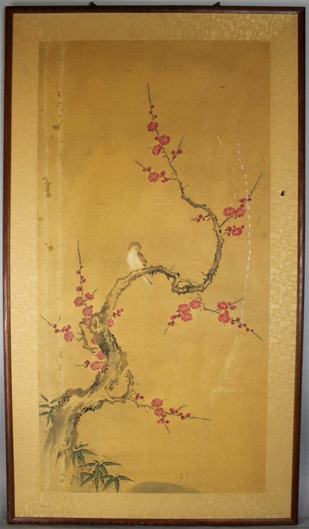 Appraisal: JAPANESE PAINTING OF BIRD ON FLOWERING PRUNUS BRANCH ink and