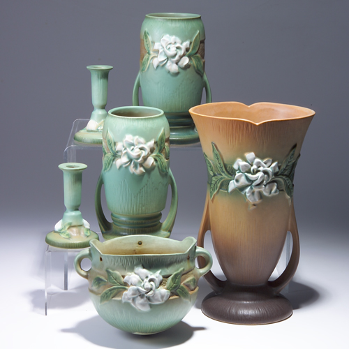 Appraisal: Six ROSEVILLE Gardenia pieces to include a pair of green