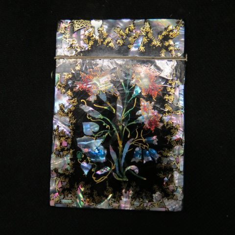 Appraisal: Victorian Lacquerware Calling Card Case mother-of-pearl inlay floral x circa