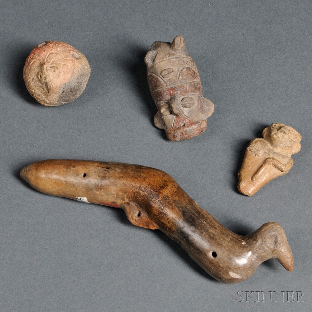 Appraisal: Four Pre-Columbian Ocarinas and Whistles includes a bird head vessel