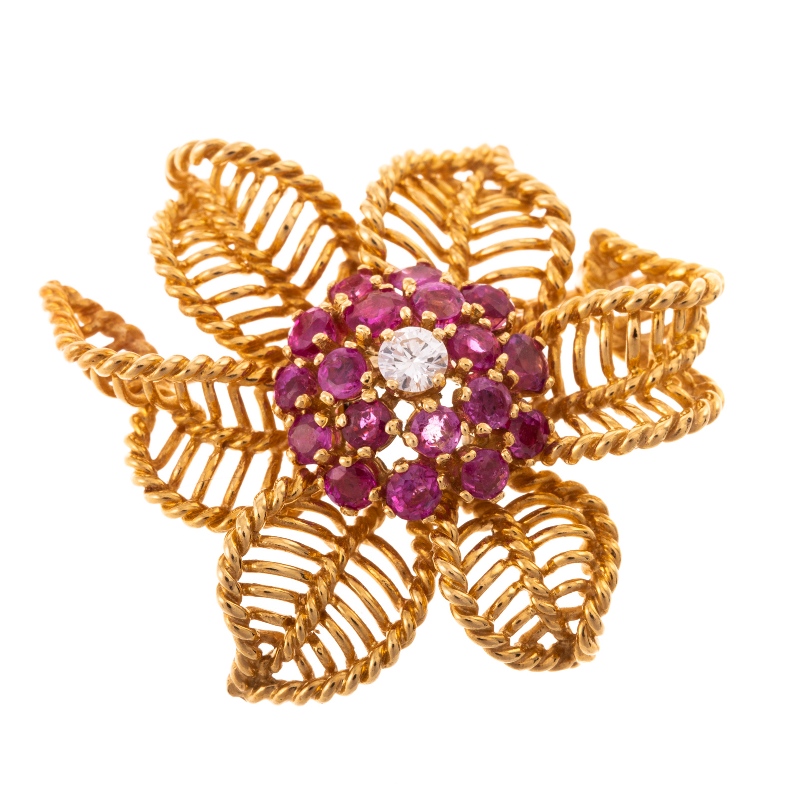 Appraisal: A VINTAGE RUBY DIAMOND FLOWER BROOCH IN K K yellow