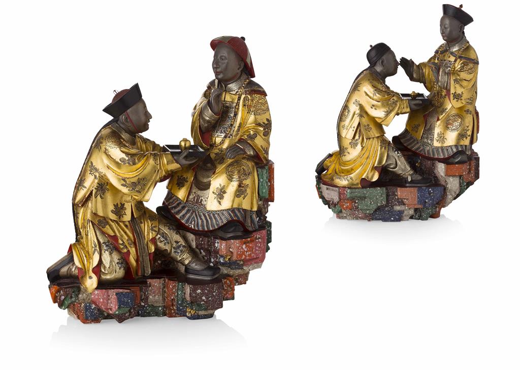 Appraisal: PAIR OF FINE EXPORT GOLD-LACQUERED WOOD FIGURAL GROUPS OF A