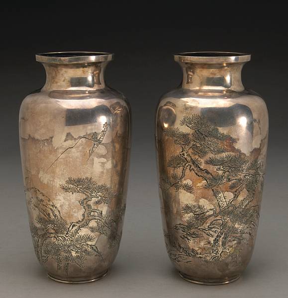 Appraisal: A pair of silver vases Meiji Taisho Period Each of