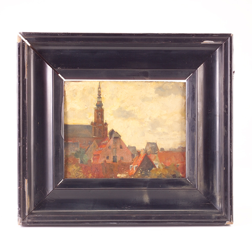 Appraisal: Flemish School roof top cityscape oil on board Monogrammed with