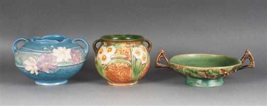 Appraisal: Two Roseville art pottery vases and a similar double-handled pedestal