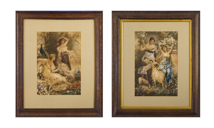 Appraisal: Pair Of Framed Hand Tinted Prints Showing Classical Ladies In