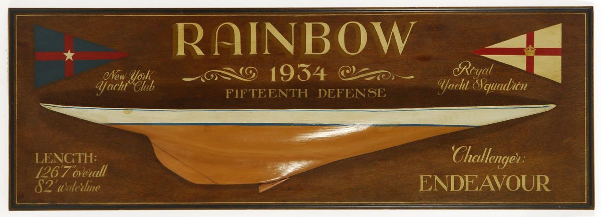 Appraisal: MODERN MOUNTED HALF MODEL OF THE RAINBOWBackboard painted Rainbow Fifteenth