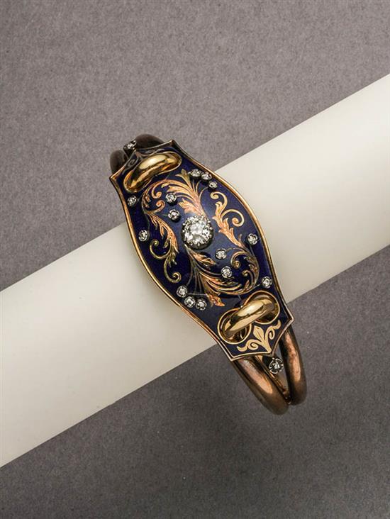 Appraisal: -Karat Yellow-Gold Diamond and Enamel Bangle Bracelet Probably French Last