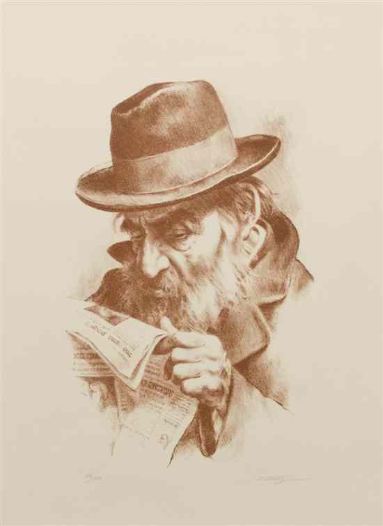 Appraisal: Artist Unknown Bearded Man with Hat Reading Newspaper lithograph numbered