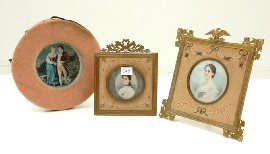 Appraisal: THREE DECORATIVE FRAMED MINIATURE PORTRAITS WATER COLOURS ON IVORY BOTH