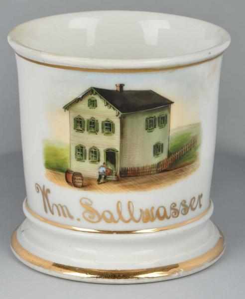 Appraisal: House Shaving Mug Description Gilt name Wm Sallwasser Shows man