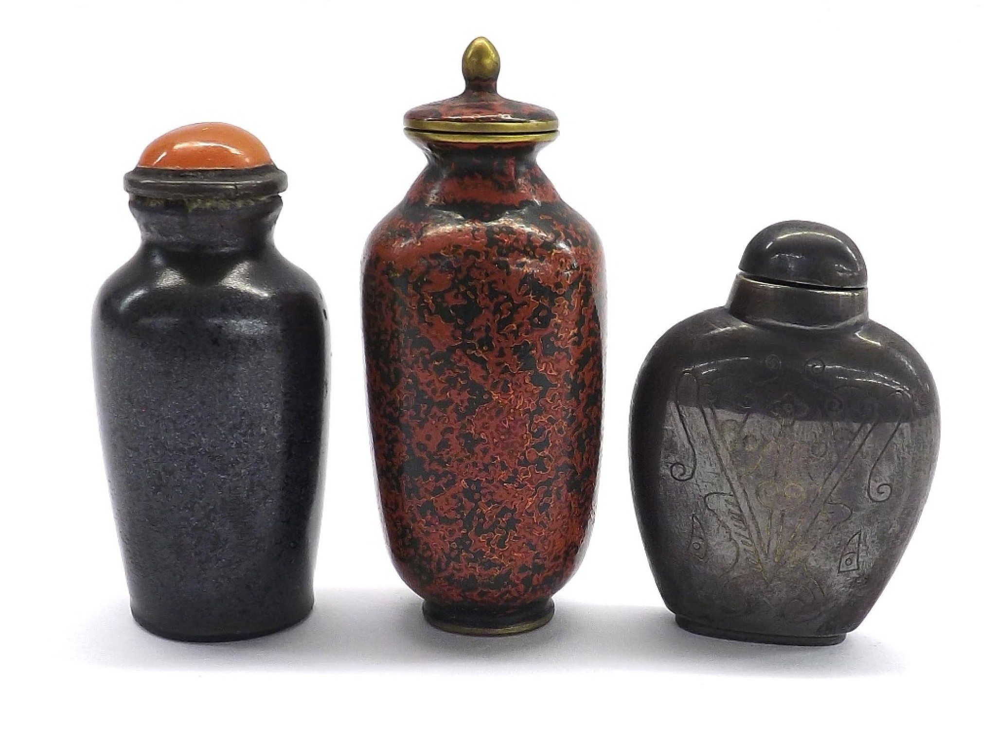 Appraisal: Three various baluster shaped metal snuff bottles