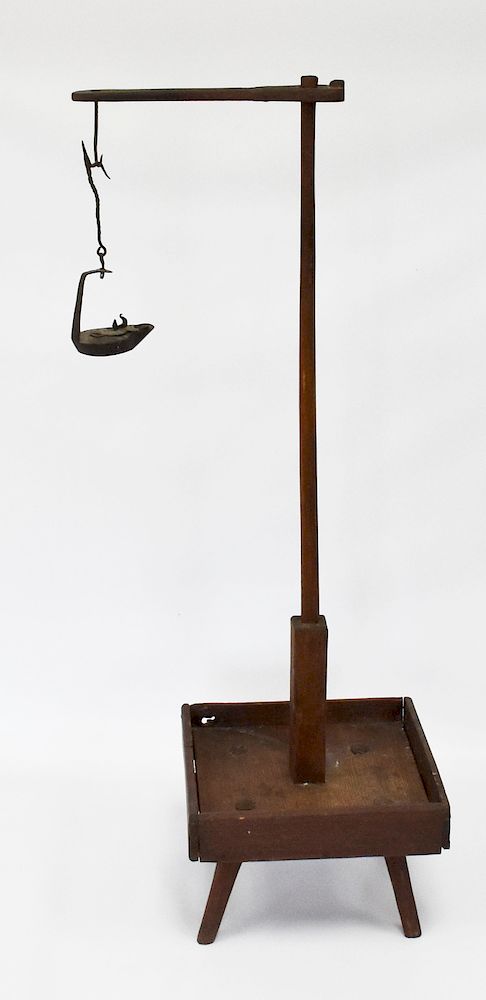 Appraisal: 's Hand Wrought Betty Lamp with Wooden Stand 's Hand