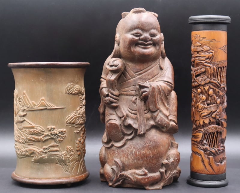 Appraisal: GROUPING OF BAMBOO AND BAMBOO ROOT CARVINGS Includes a carved