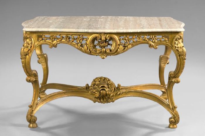 Appraisal: Louis XV-Style Giltwood and Marble-Top Center Table ca the variegated