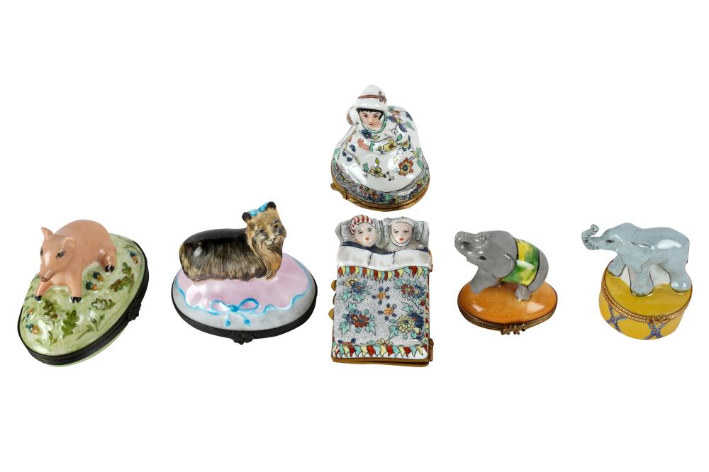 Appraisal: COLLECTION OF PORCELAIN PILL BOXEScomprising six figural hinged boxes with