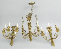 Appraisal: A Brass Chandelier and Two Matching Wall Sconces A brass