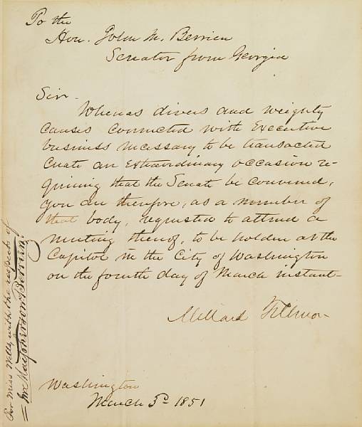 Appraisal: Americana Letter Signed Millard Fillmore as President p to Washington