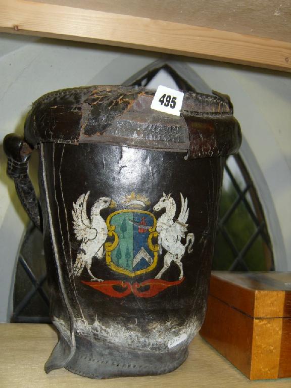 Appraisal: A th century leather fire bucket with painted coat of