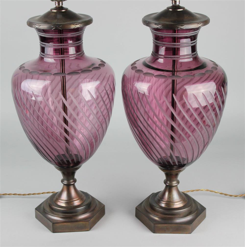 Appraisal: PAIR OF NEOCLASSICAL STYLE PURPLE CUT GLASS TABLE LAMPS both