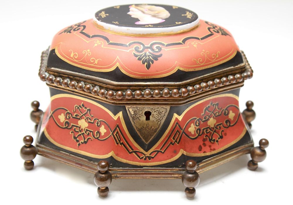 Appraisal: Continental Bisque Ormolu Trinket Box th C Continental painted bisque