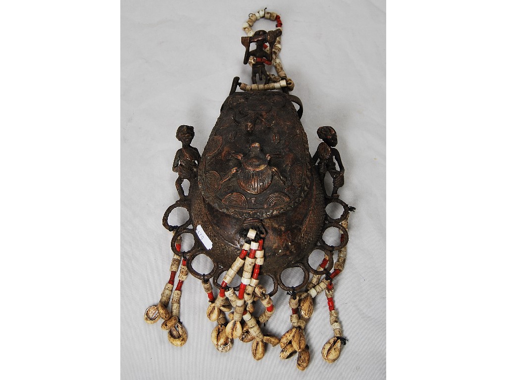 Appraisal: An African tribal bronze pouch mounted with figures and animals