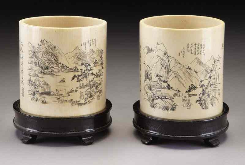 Appraisal: Pr Chinese etched ivory brush pots depicting International buyers should