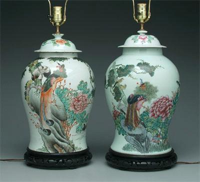 Appraisal: Pair Chinese lidded jars baluster form exotic birds amid foliage