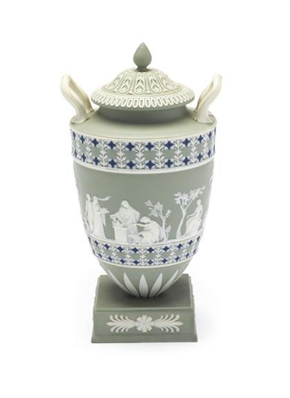 Appraisal: Wedgwood three color dip jasperware covered urn H in PROVENANCE