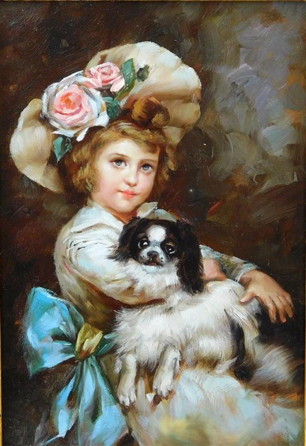 Appraisal: Oil on panel of child with a King Charles Spaniel