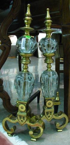 Appraisal: Pair of brass andirons with controlled bubble art glass